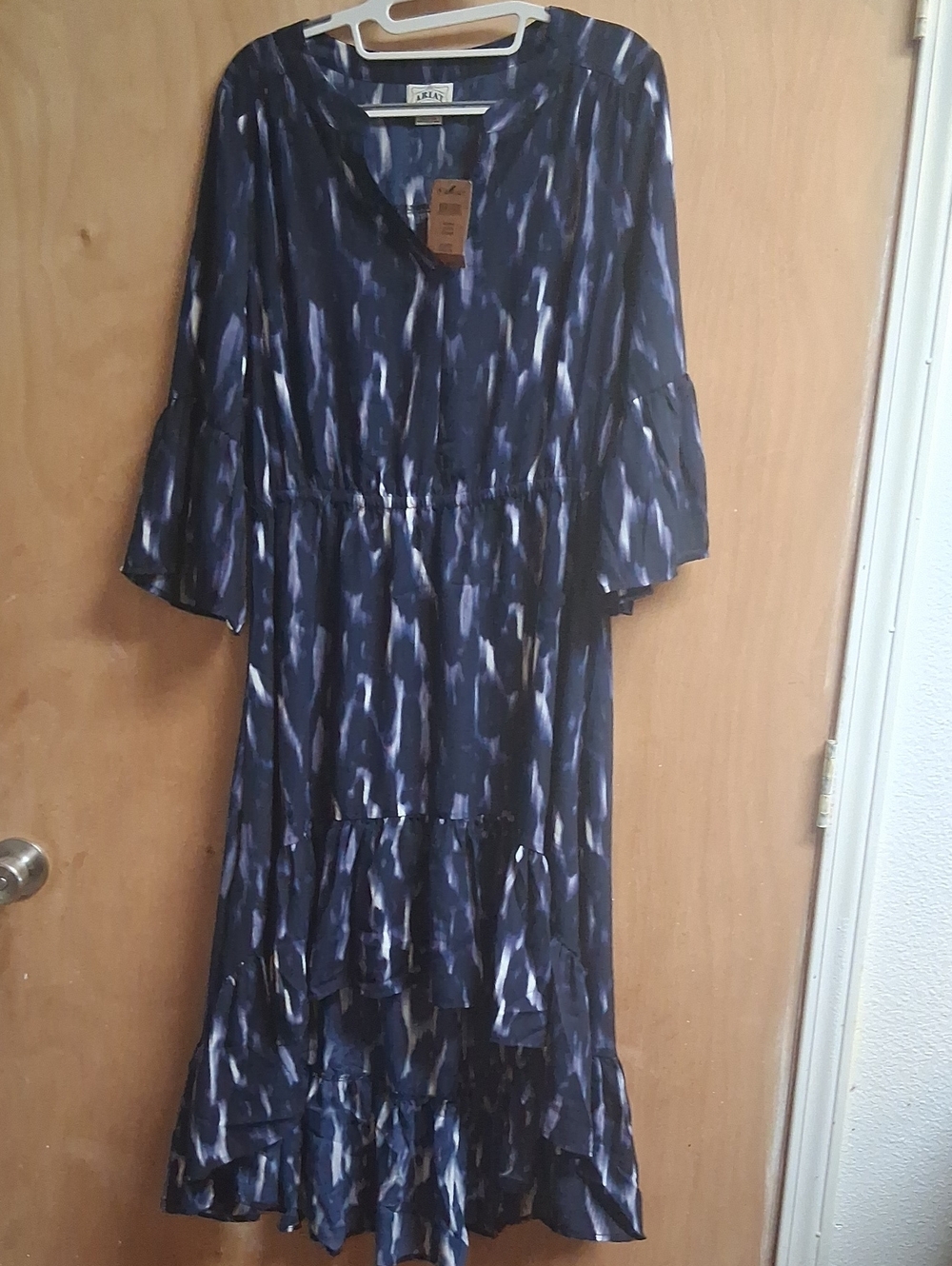 Annie Printed Navy Blue Midi Dress with Ruffle Hem